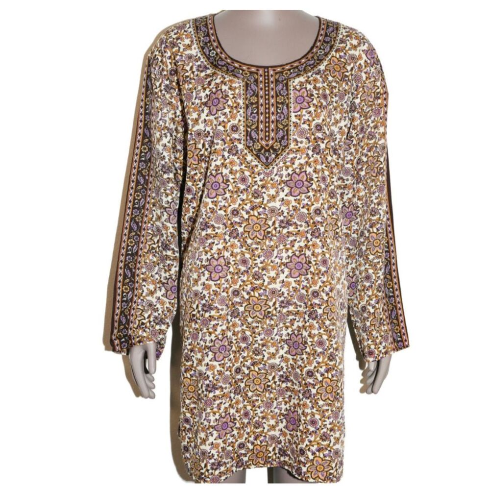 Vintage 70s Floral Boho Tunic Large Purple Brown Paisley Hippie Bohemian Dress‎